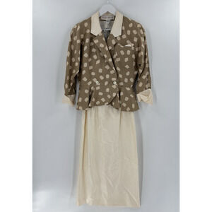 Richard Warren Vintage Skirt Set Womens 10 Brown Ivory 100% Silk Spotted Buttons